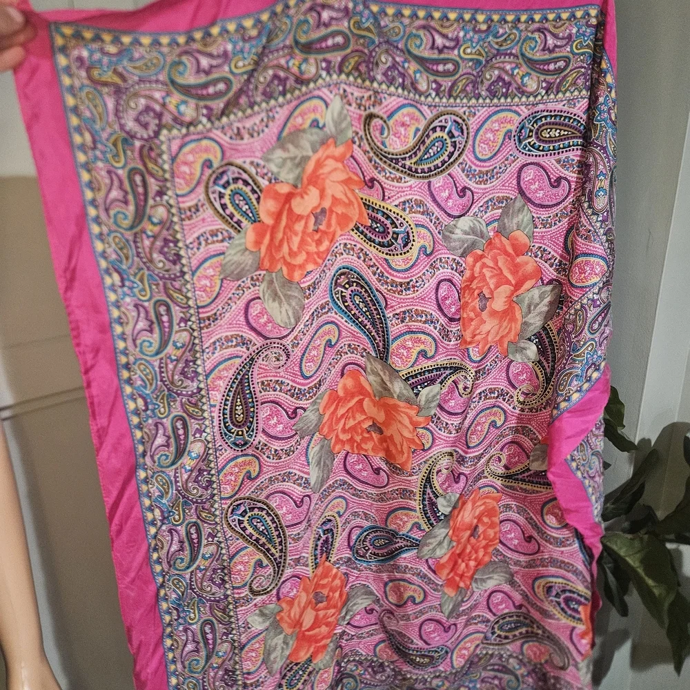 Adrienne Vittadini 100% Silk Paisley Floral Scarf Wrap Shawl. Magenta Pink Multi
